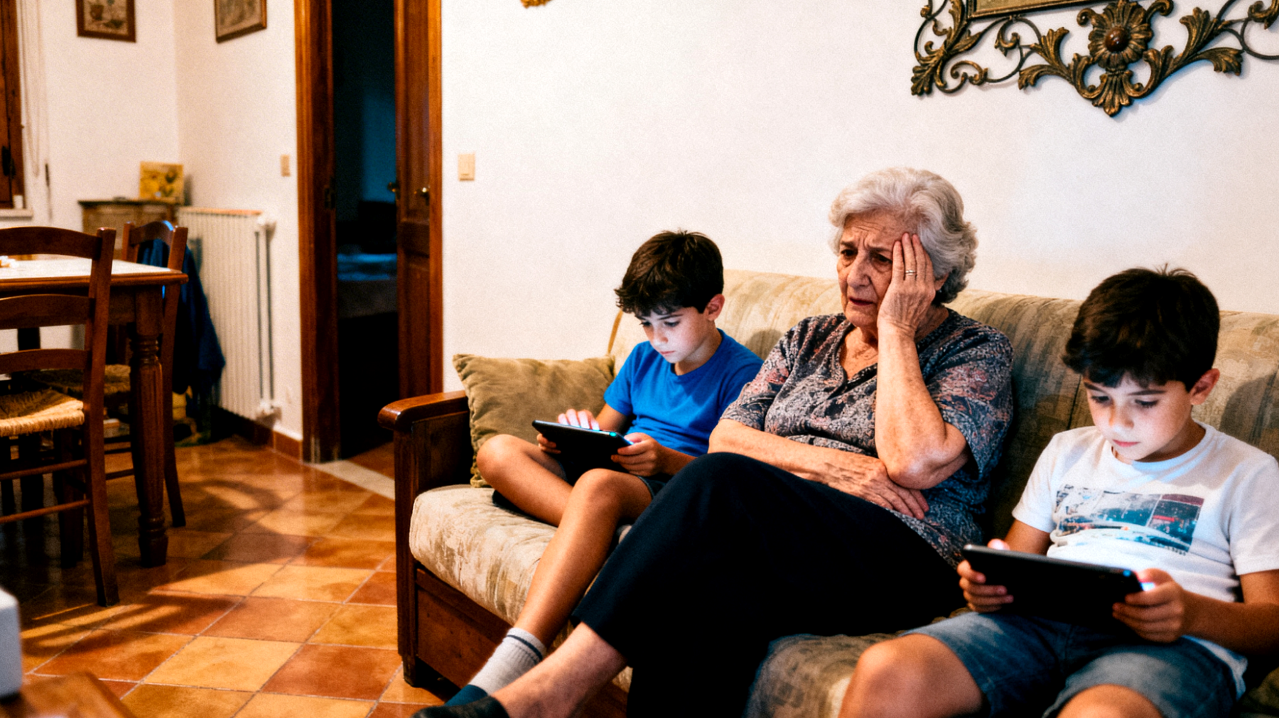 Nonna in difficoltà nel gestire l'uso eccessivo di tablet e videogiochi da parte dei nipoti piccoli durante il tempo trascorso insieme"