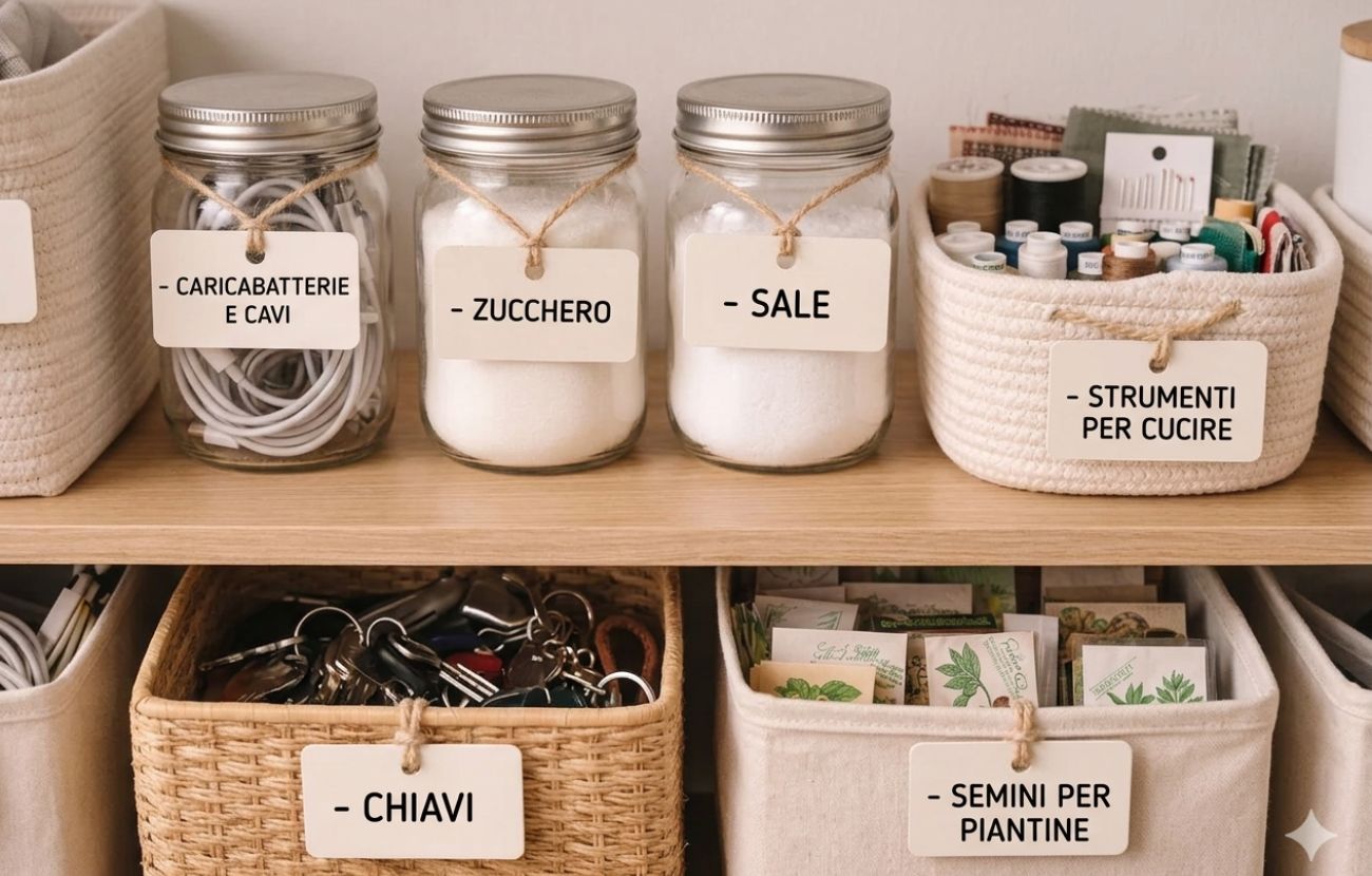 Vecchie carte di credito e tessere in plastica possono diventare etichette per riordinare casa. Immagine generata da GEMINI IA