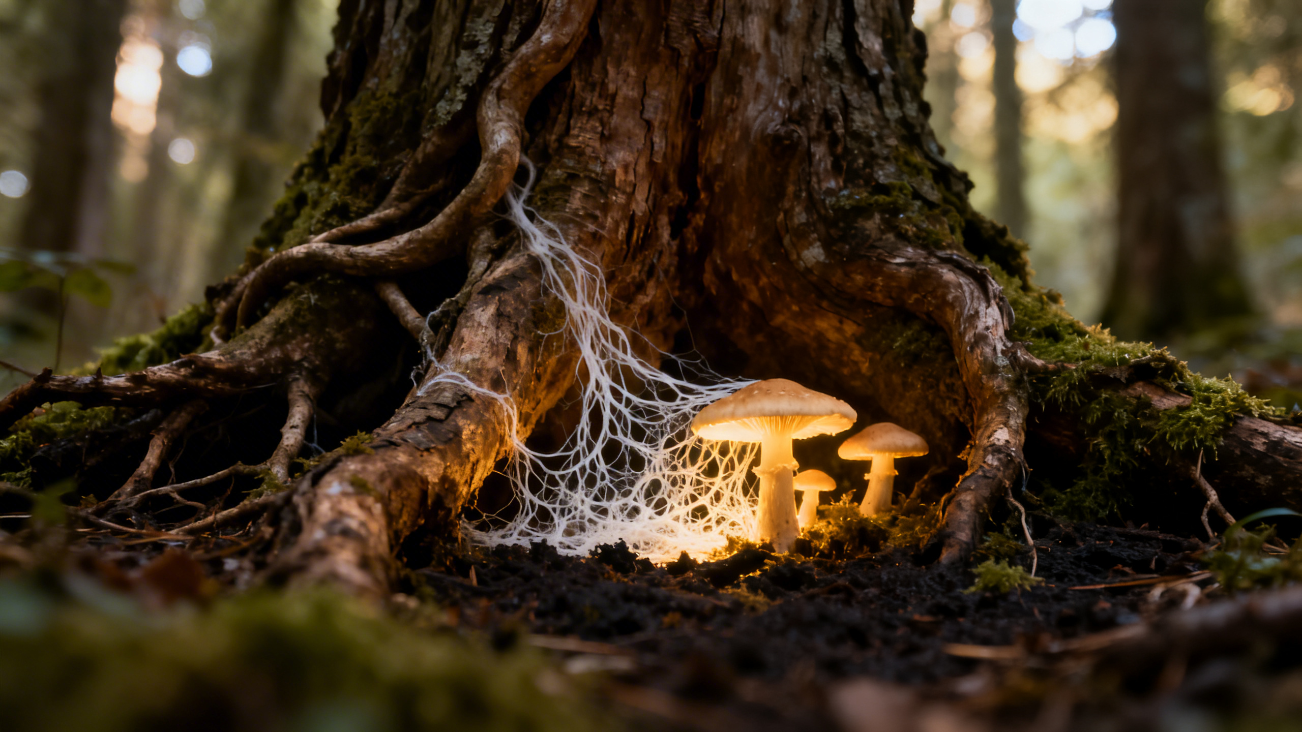 Radici di alberi intrecciate con filamenti fungini bianchi sul suolo di una foresta europea
