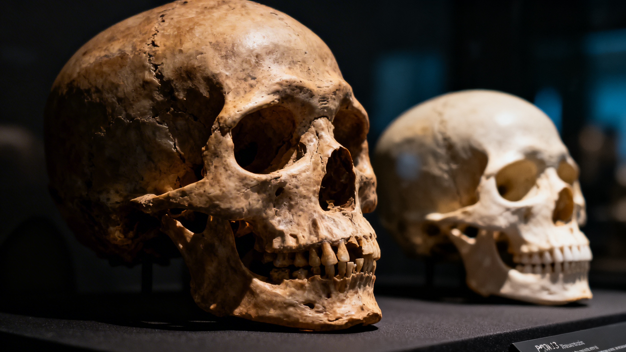 Due crani umani a confronto, uno preistorico più grande e uno moderno più piccolo