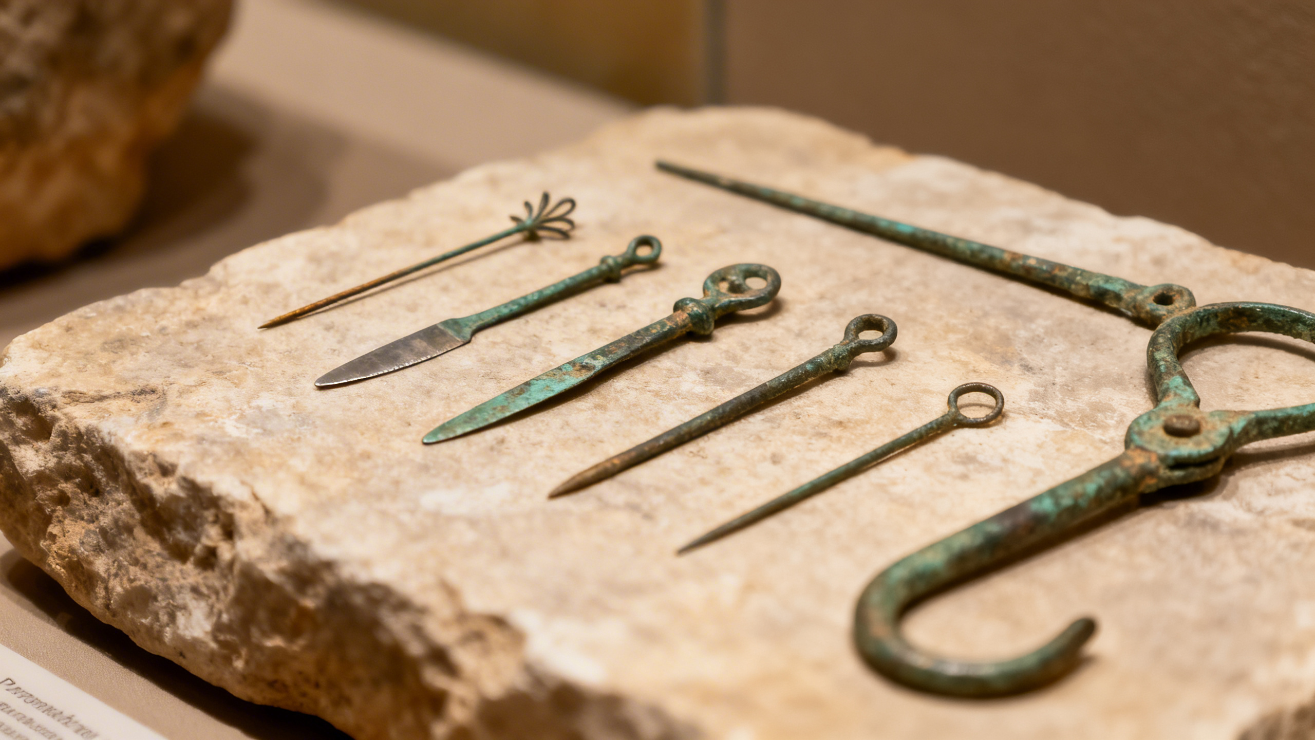 Strumenti chirurgici romani in bronzo disposti su una superficie di pietra, aghi bisturi e pinze di 2000 anni fa