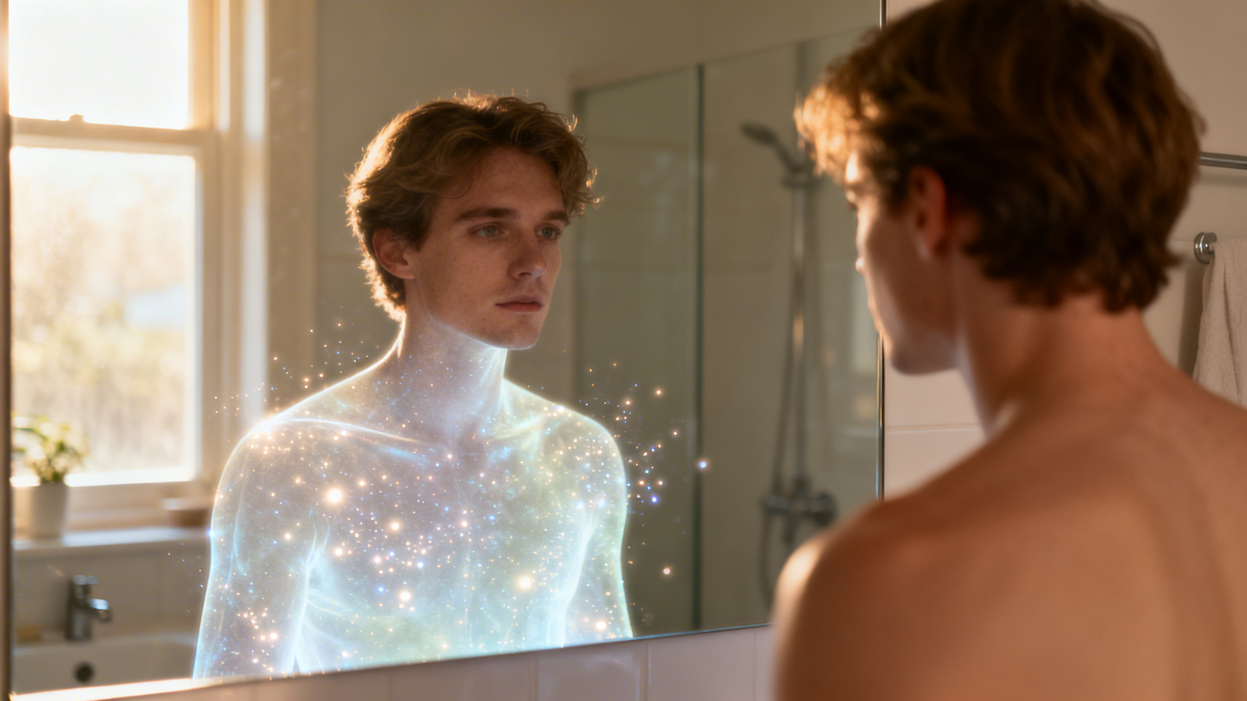 Persona davanti a uno specchio con riflesso luminoso che rappresenta il rinnovamento atomico del corpo