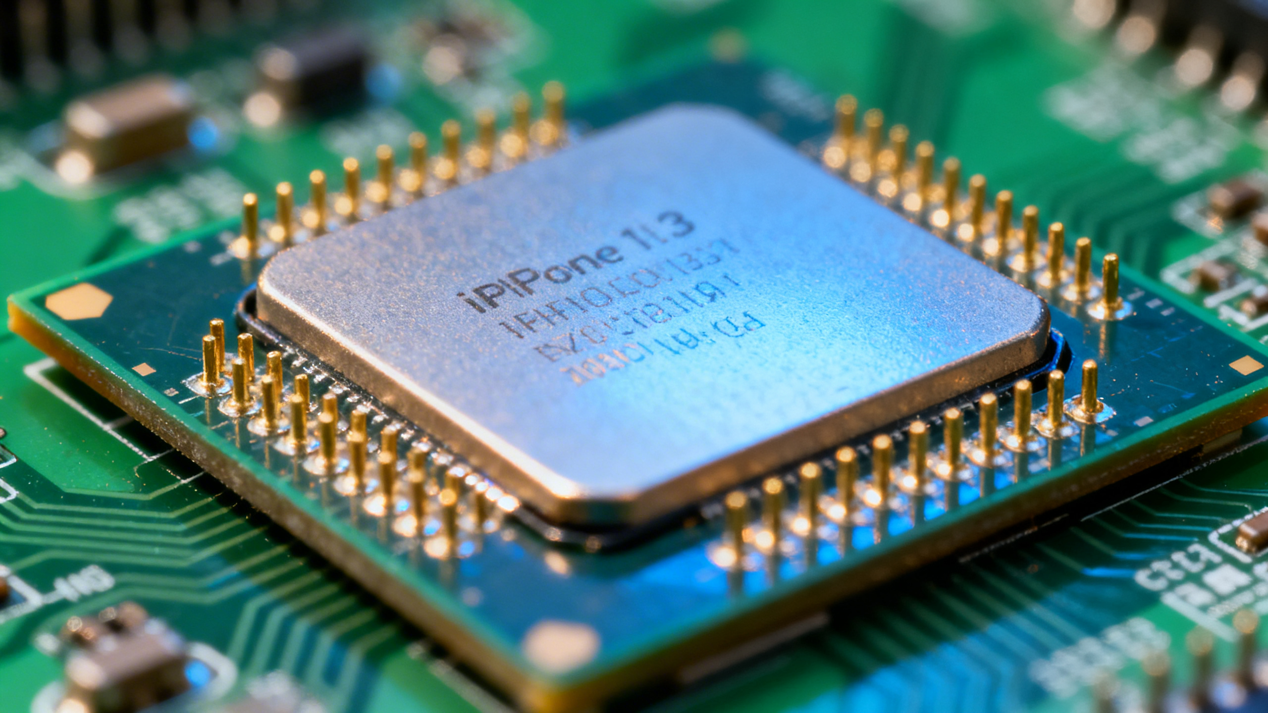 Primo piano macro di un microprocessore su circuito stampato verde con pin dorati