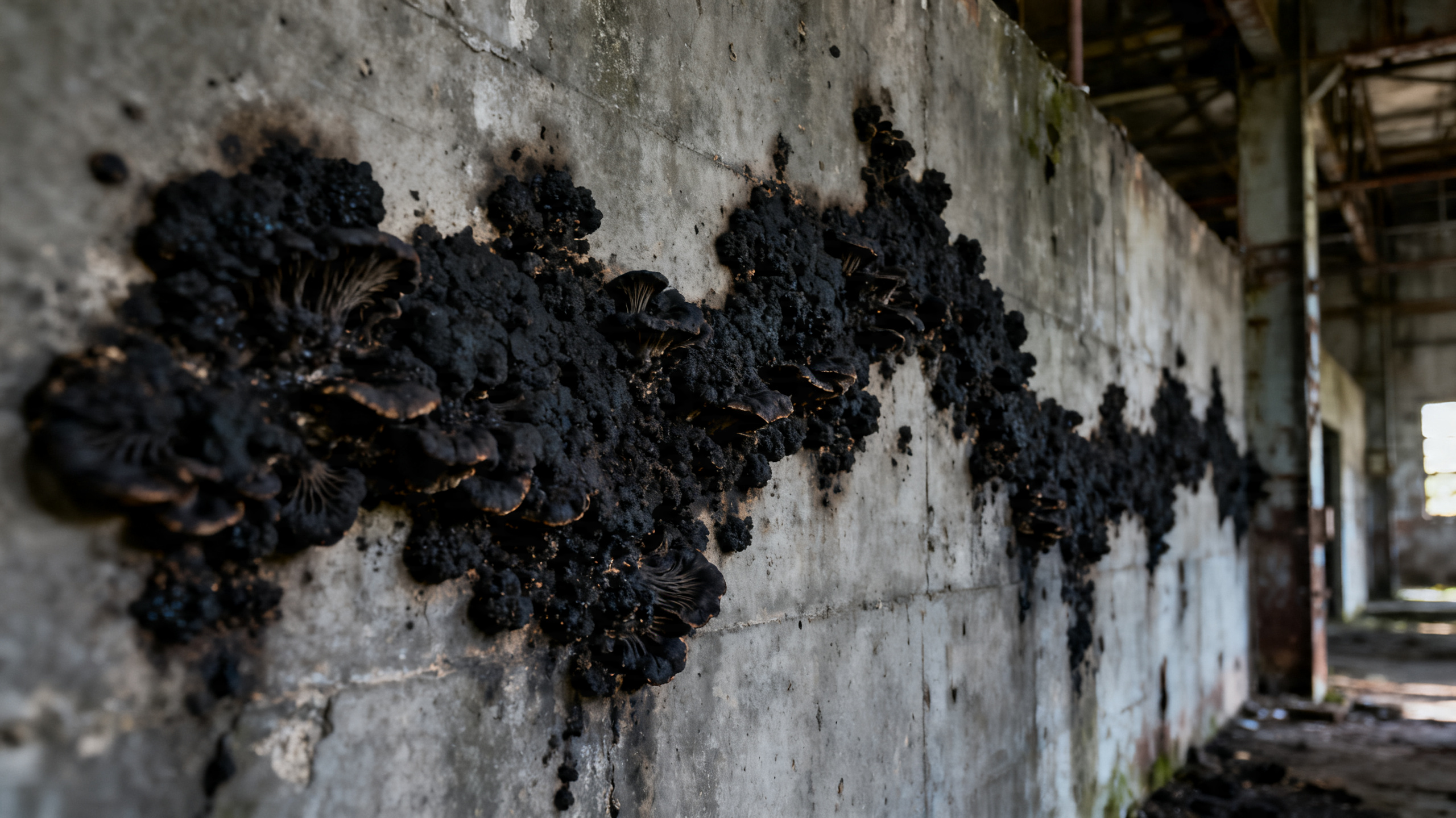 Funghi neri radiotrofi che crescono sulle pareti del reattore di Chernobyl