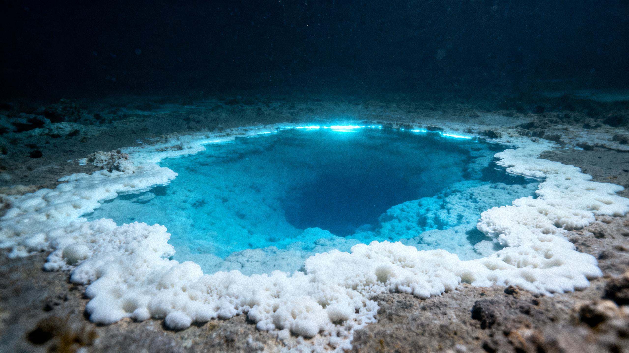 Brine pool sul fondo dell'oceano con superficie visibile e rive