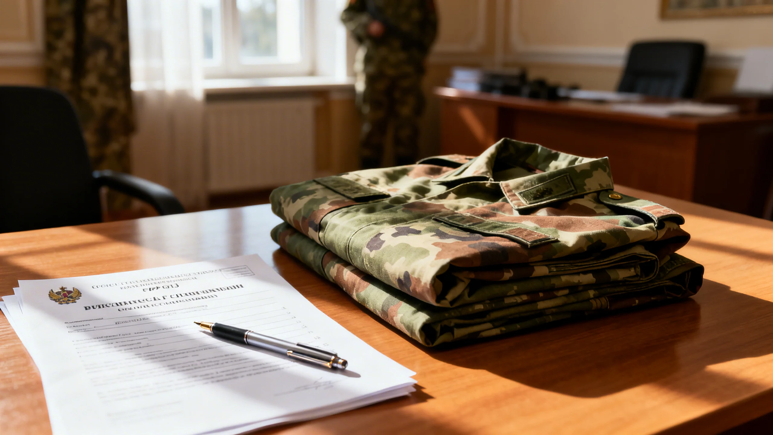 Uniforme militare mimetica piegata su una scrivania con documenti ufficiali