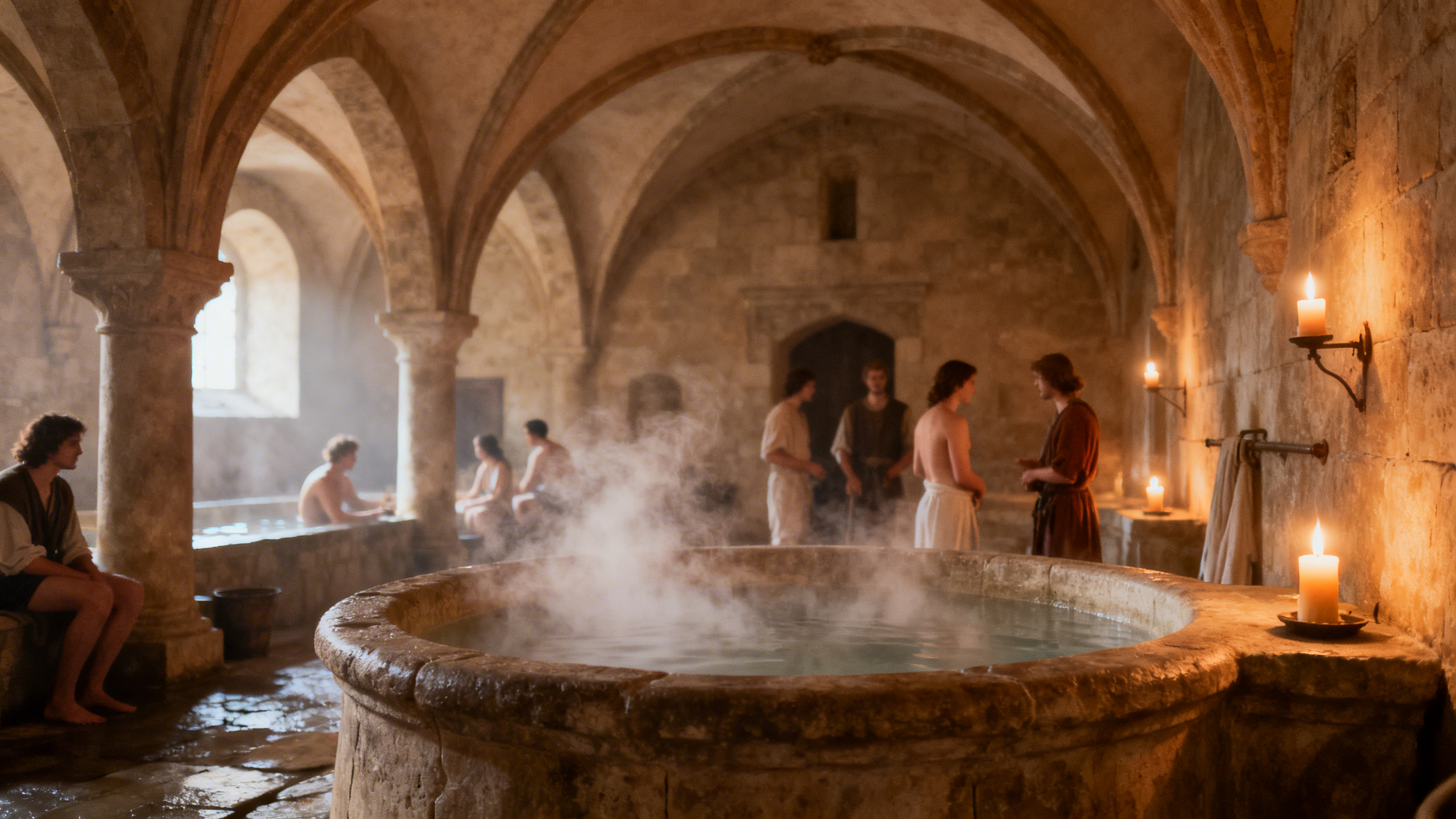 Ricostruzione di un bagno pubblico medievale con archi in pietra e vapore