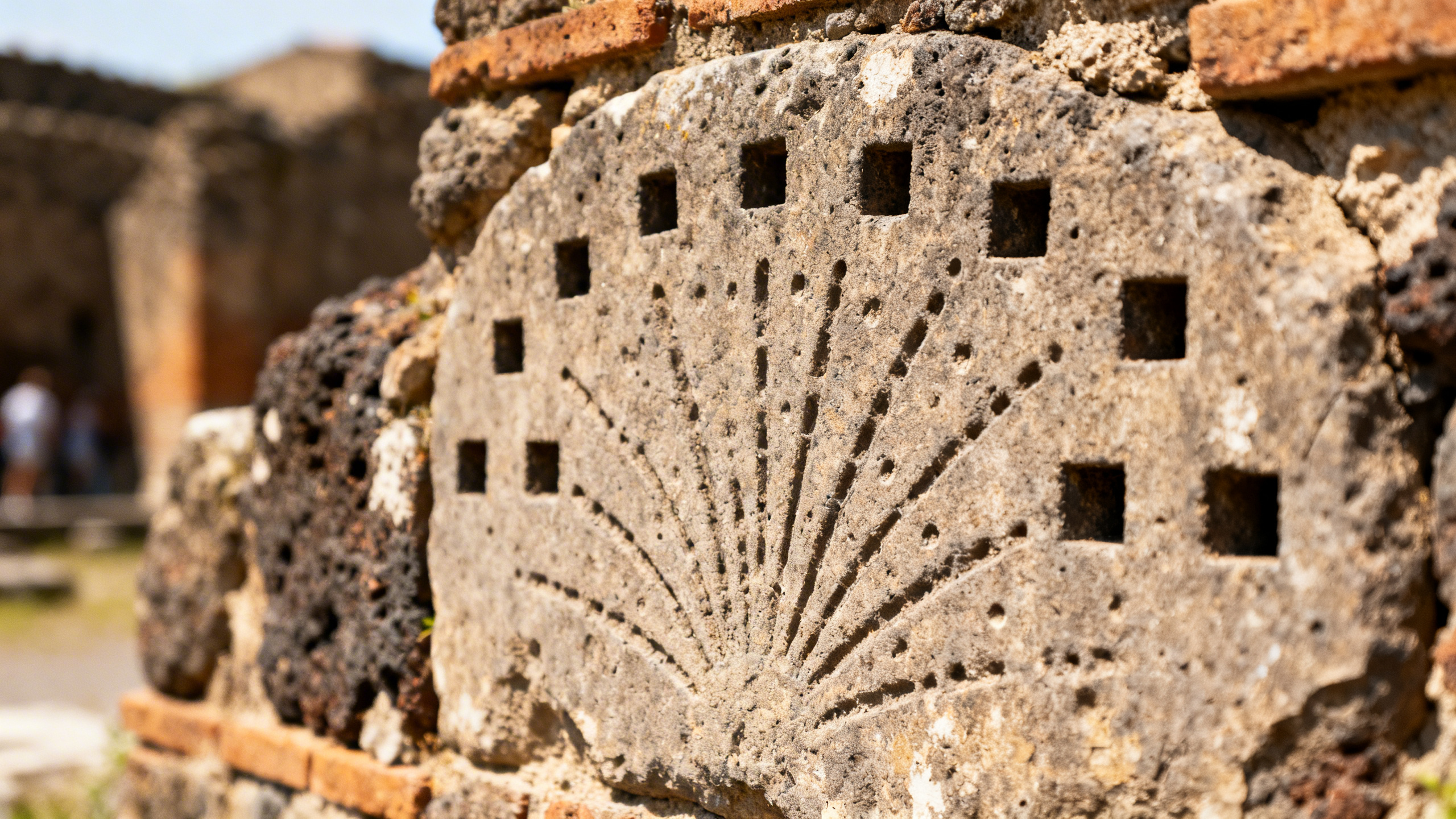 Segni di impatto sulle antiche mura di Pompei lasciati dal polybolos romano