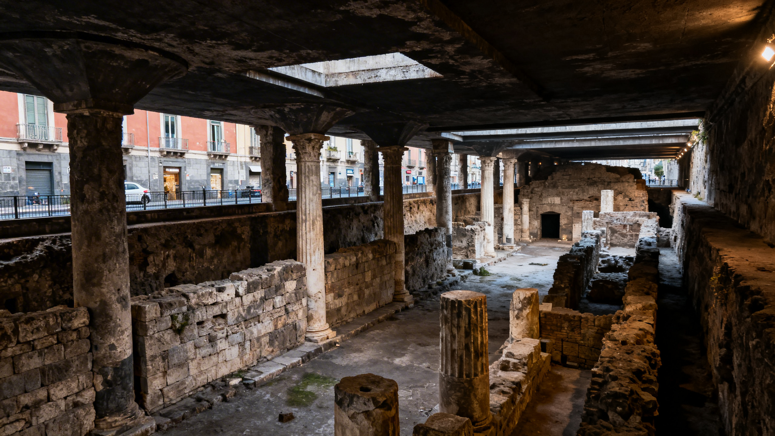 Resti di colonne e mura greche scavati sotto il livello stradale di Napoli moderna