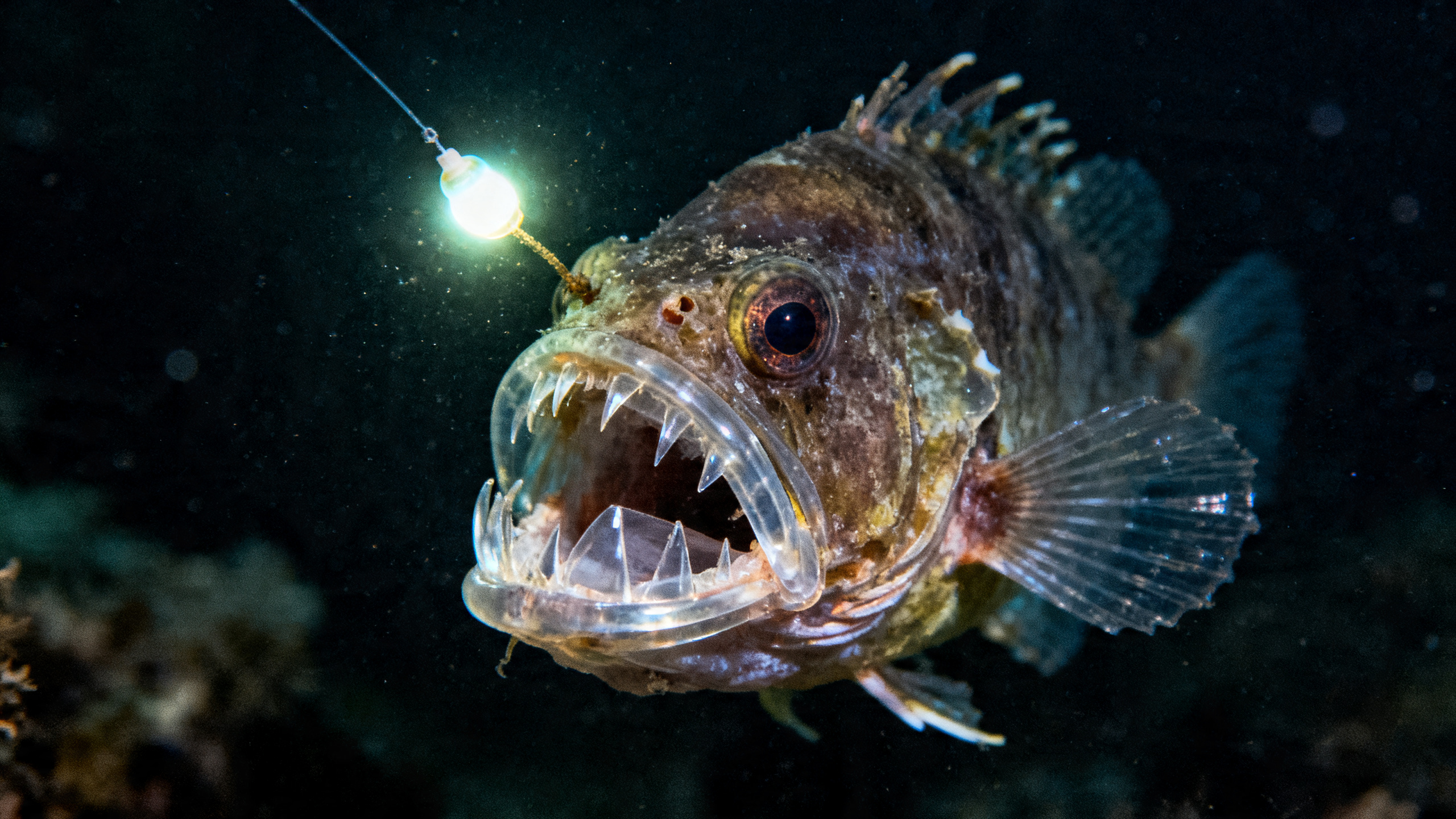 Pesce abissale con esca bioluminescente nelle profondità dell'oceano