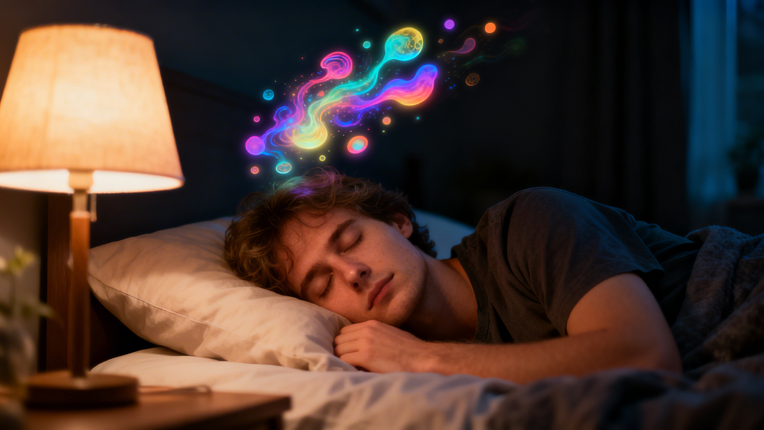 Persona che dorme con effetti luminosi che rappresentano sogni creativi guidati