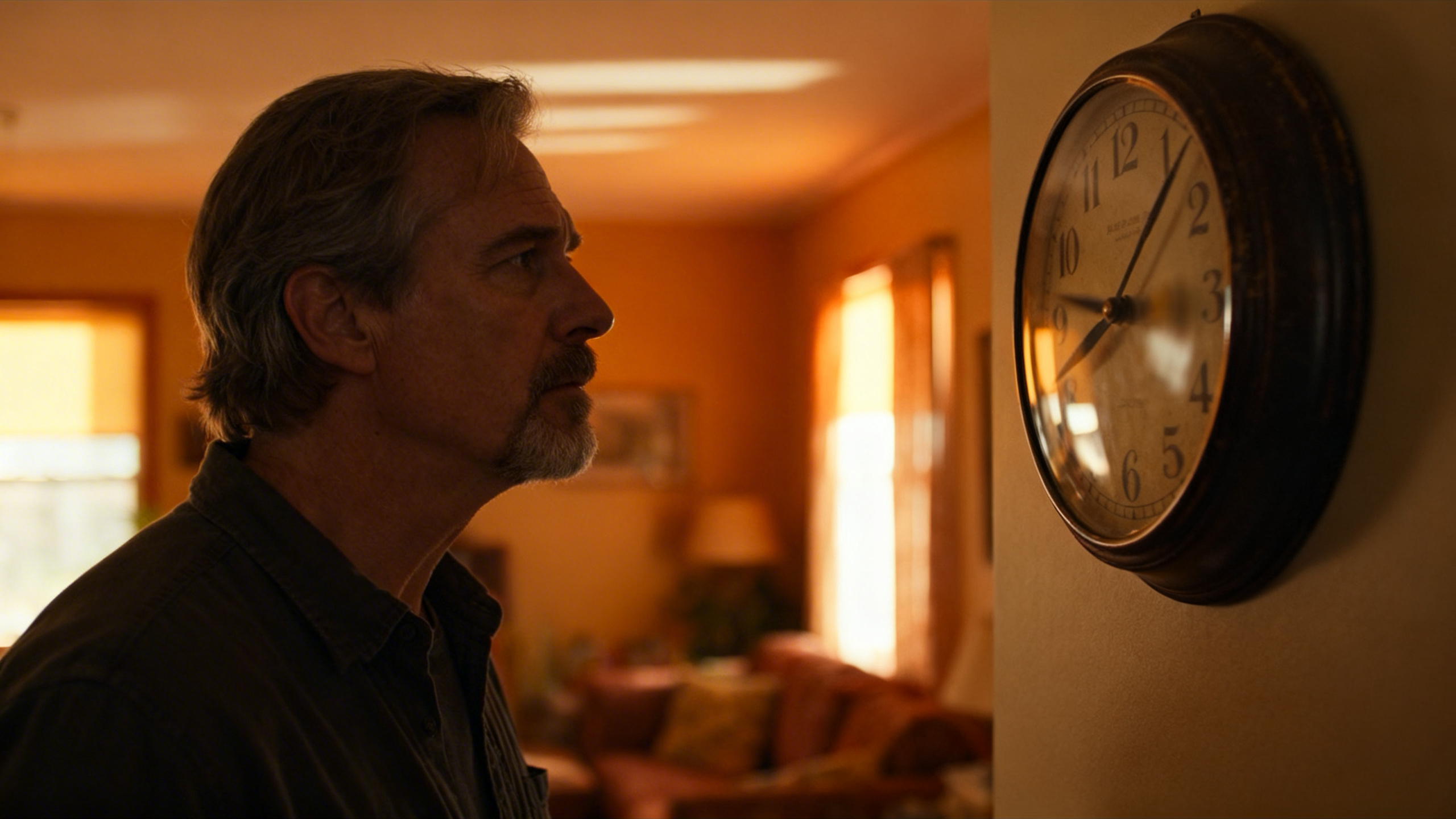 Uomo di mezza età che guarda un orologio analogico sulla parete con luce pomeridiana